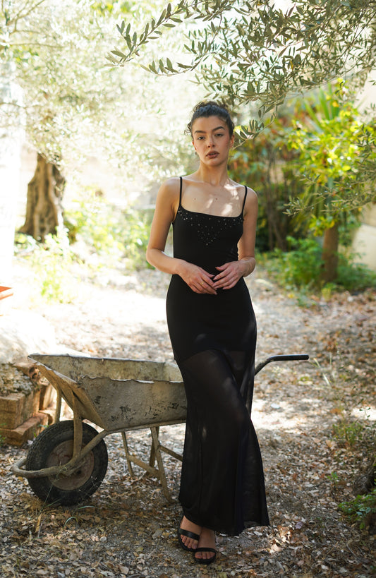 Hand-Beaded Black Natural Stone Dress