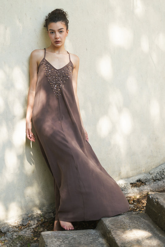 Hand-Beaded Brown Natural Stone Dress