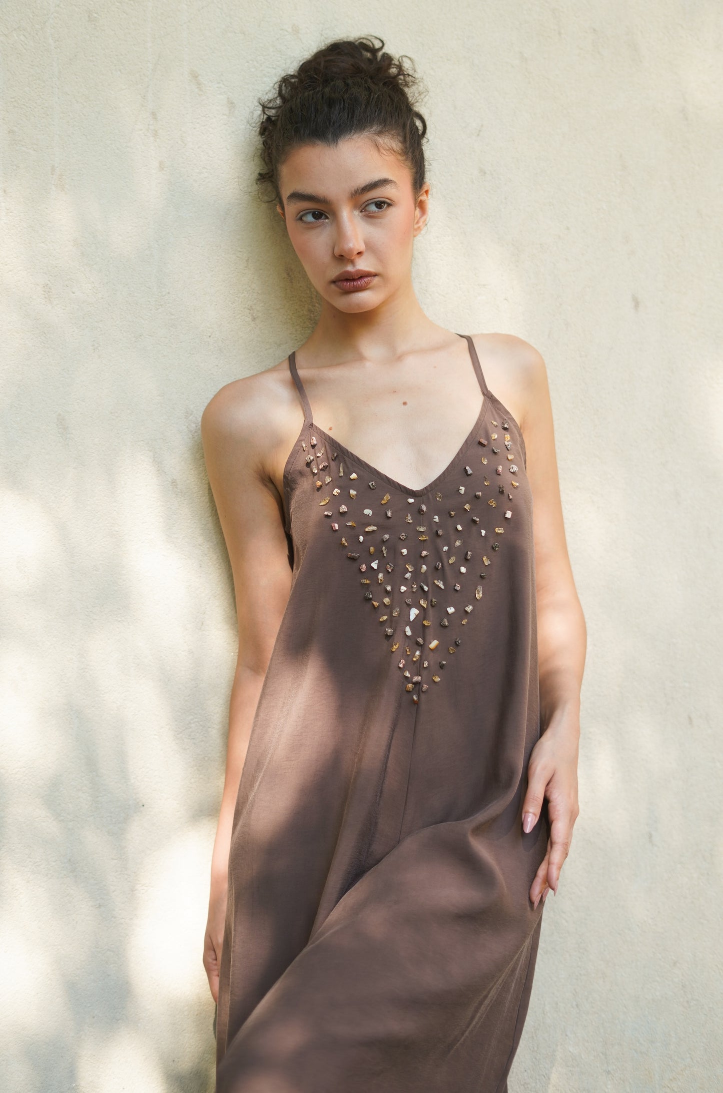Hand-Beaded Brown Natural Stone Dress