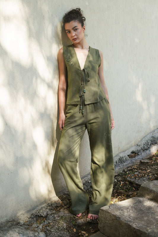 Green Poppy Hand-Embroidered Pants