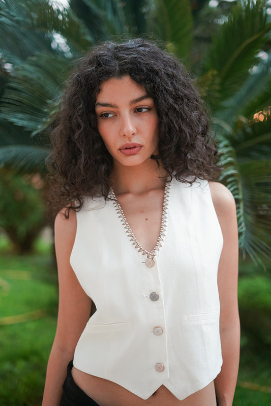 Hand-Embroidered White Vest