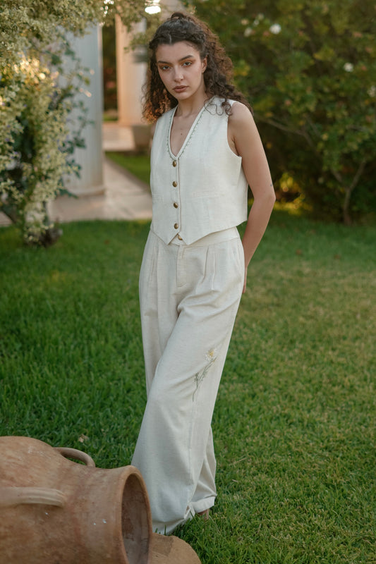 Marguerite Hand-Embroidered Pants in Beige