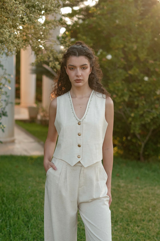 Marguerite Hand-Embroidered Vest in Beige