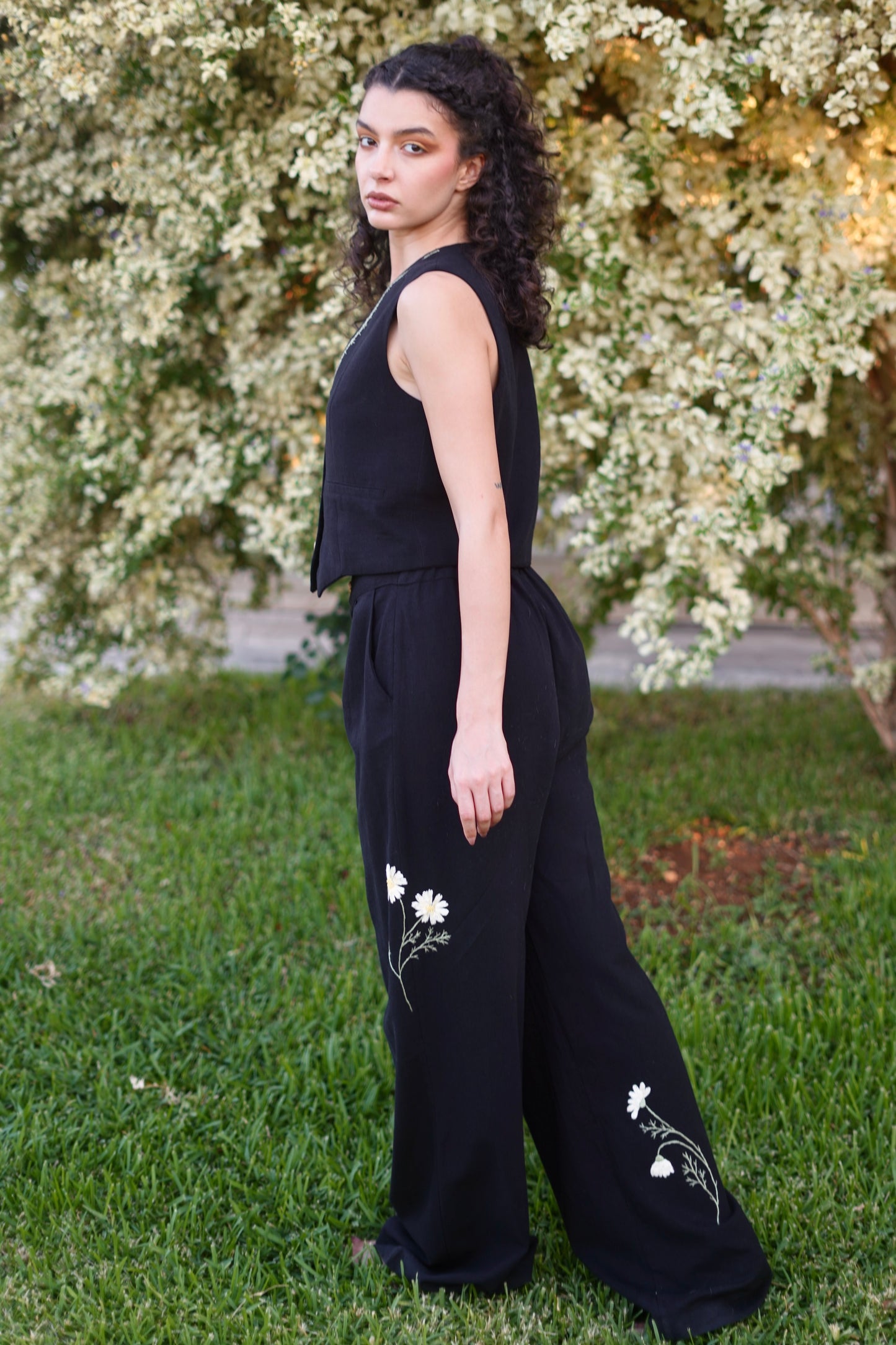 Marguerite Hand-Embroidered Pants in Black