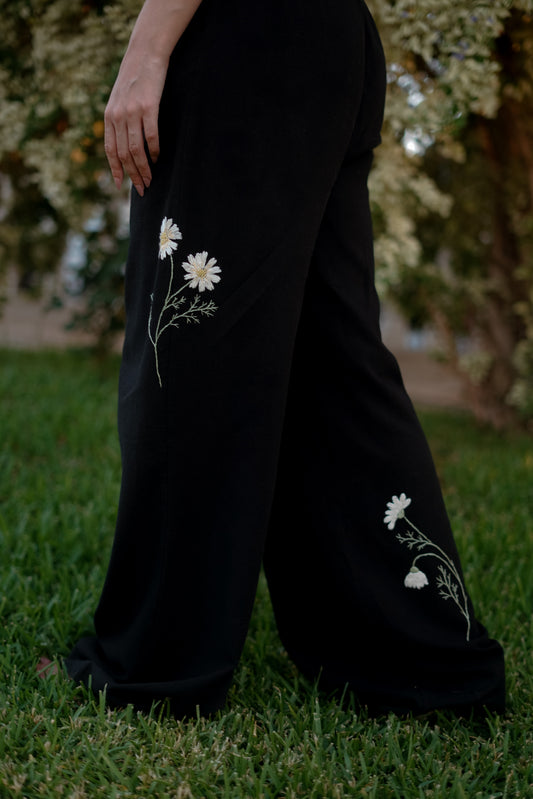 Marguerite Hand-Embroidered Pants in Black