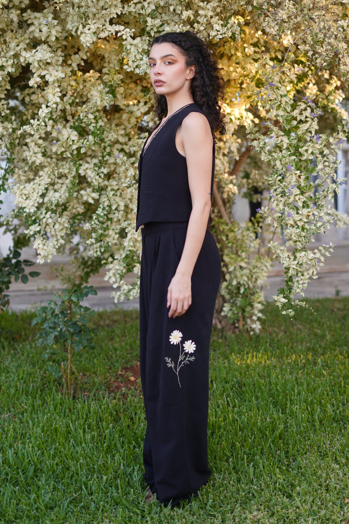 Marguerite Hand-Embroidered Pants in Black