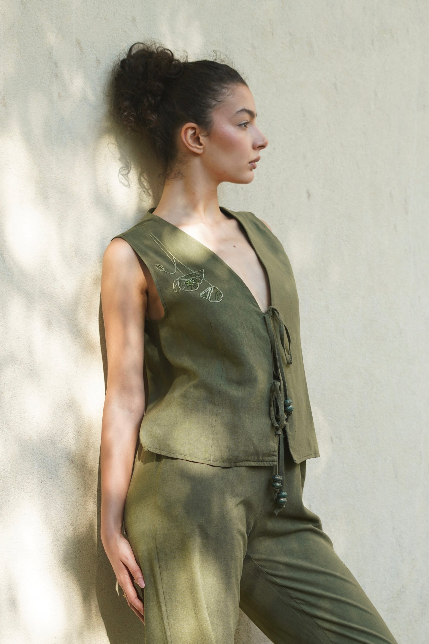 Green Poppy Hand-Embroidered Vest