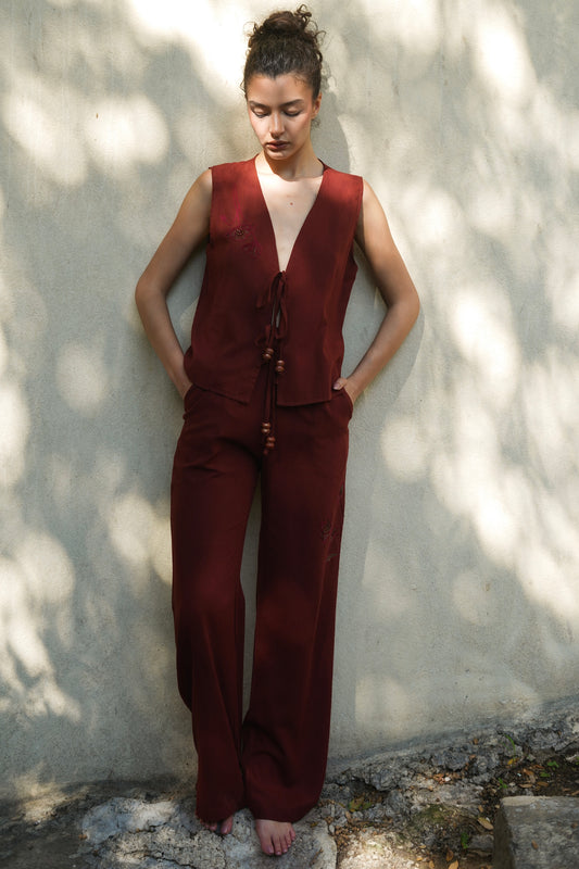 Red Poppy Hand-Embroidered Pants