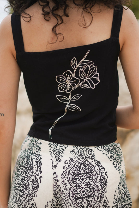 Hand-Embroidered Floral Back Top