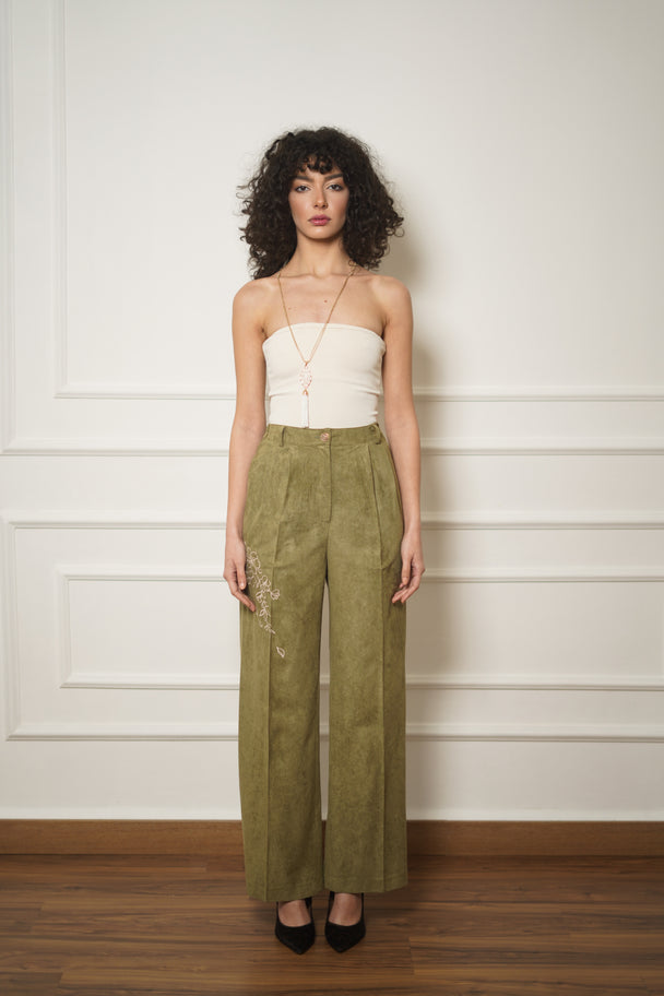 Embroidered Suede Trousers