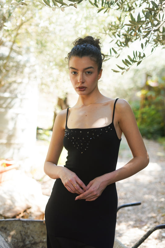 Hand-Beaded Black Natural Stone Dress