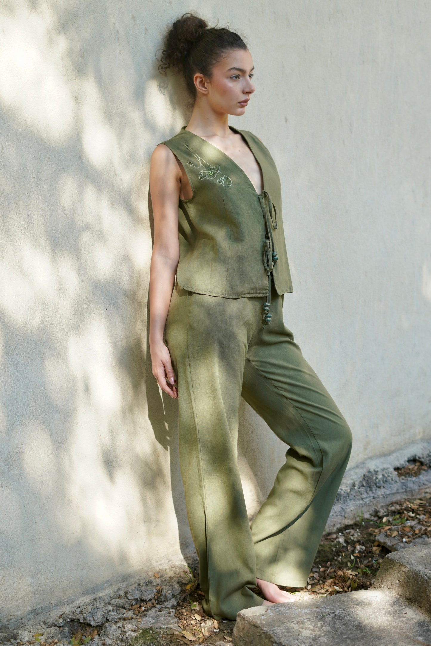 Green Poppy Hand-Embroidered Pants