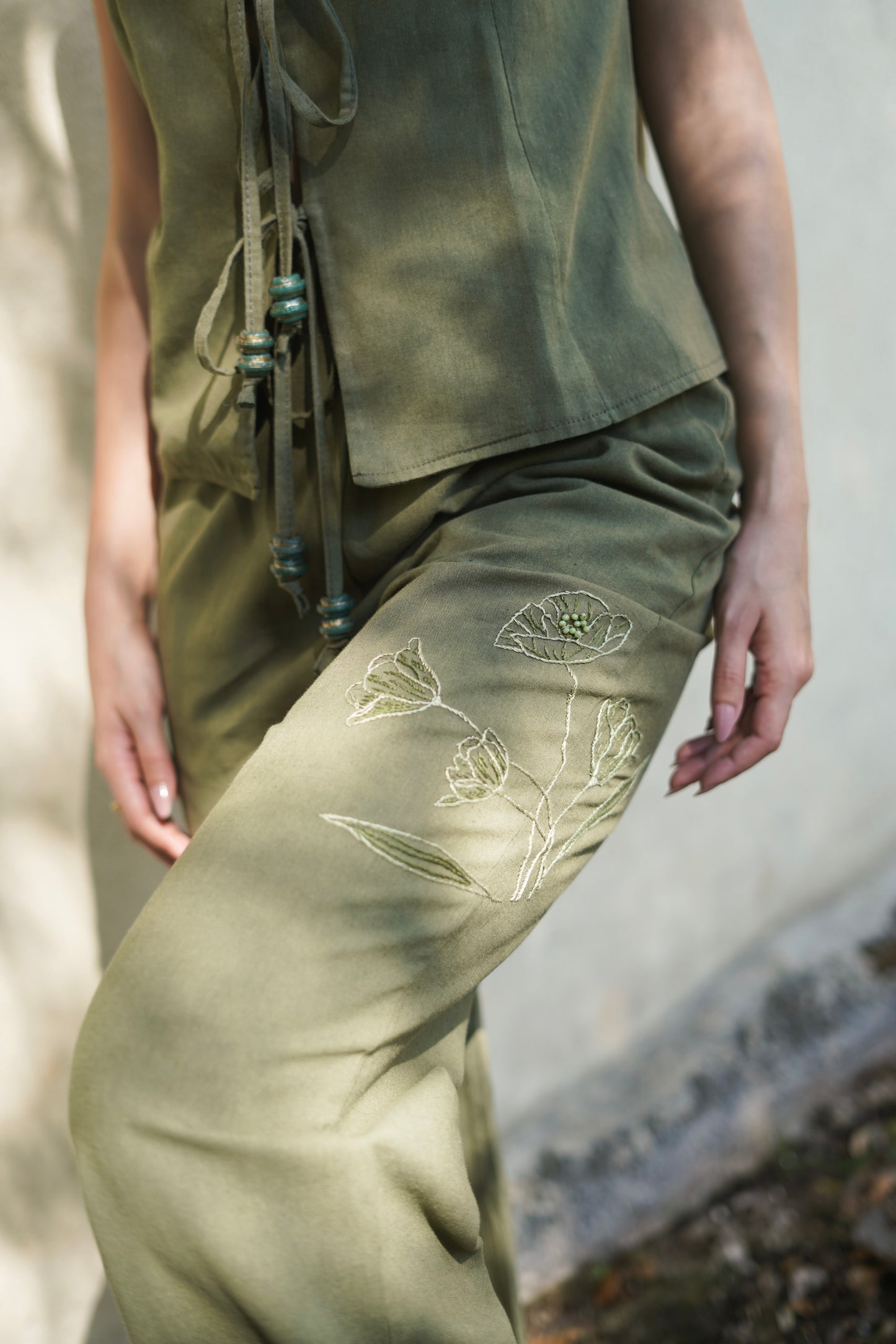 Green Poppy Hand-Embroidered Pants