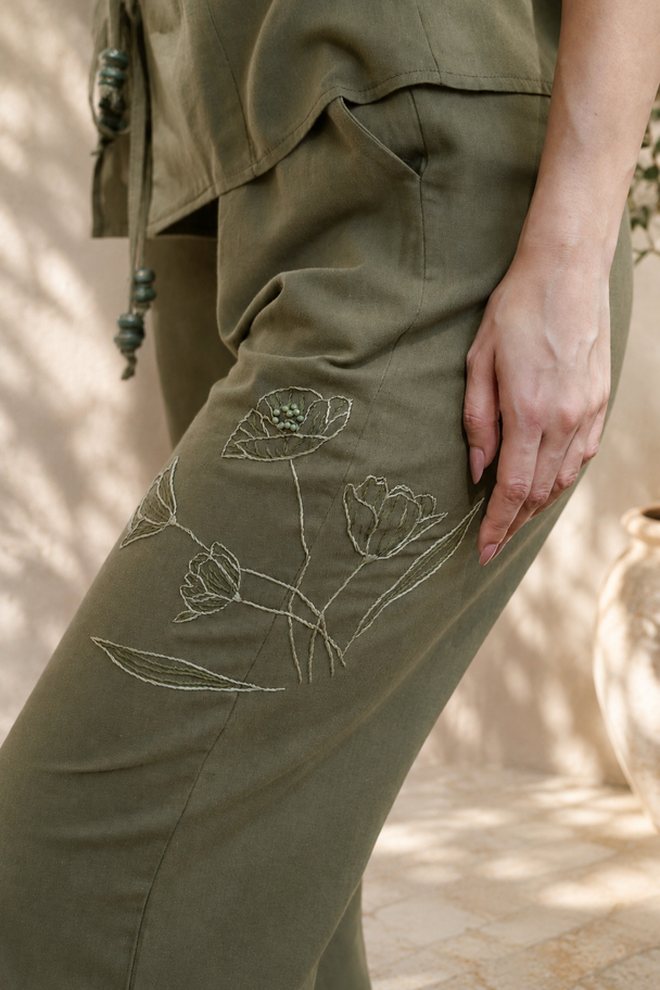 Green Poppy Hand-Embroidered Trousers
