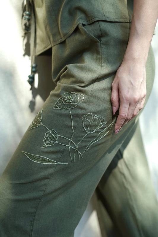 Green Poppy Hand-Embroidered Pants