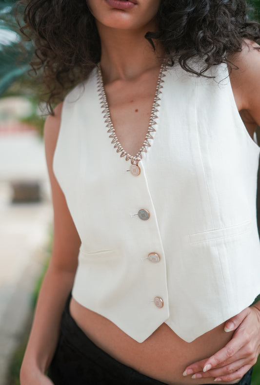 Hand-Embroidered White Vest