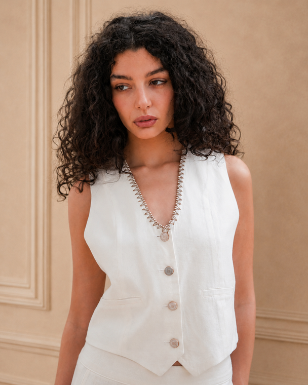 Hand-Embroidered White Vest