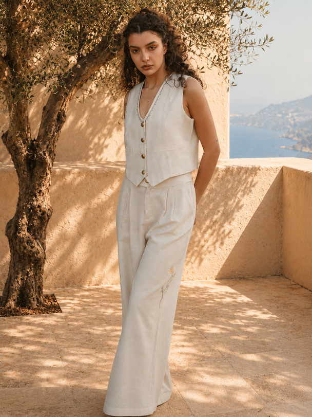 Marguerite Hand-Embroidered Trousers in Beige