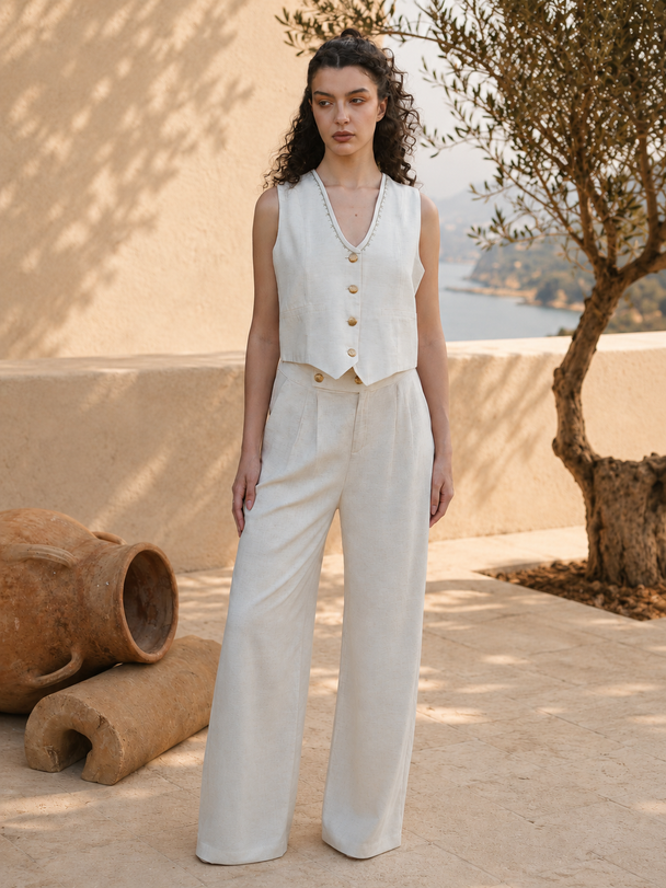 Marguerite Hand-Embroidered Trousers in Beige