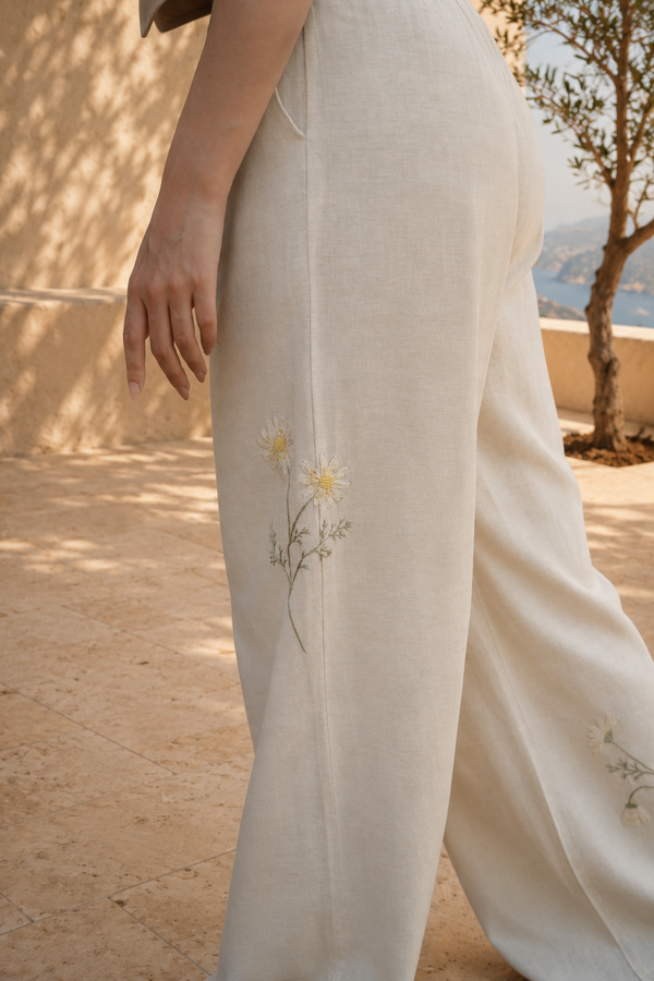 Marguerite Hand-Embroidered Trousers in Beige
