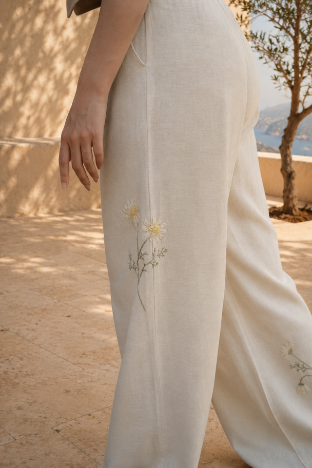 Marguerite Hand-Embroidered Trousers in Beige