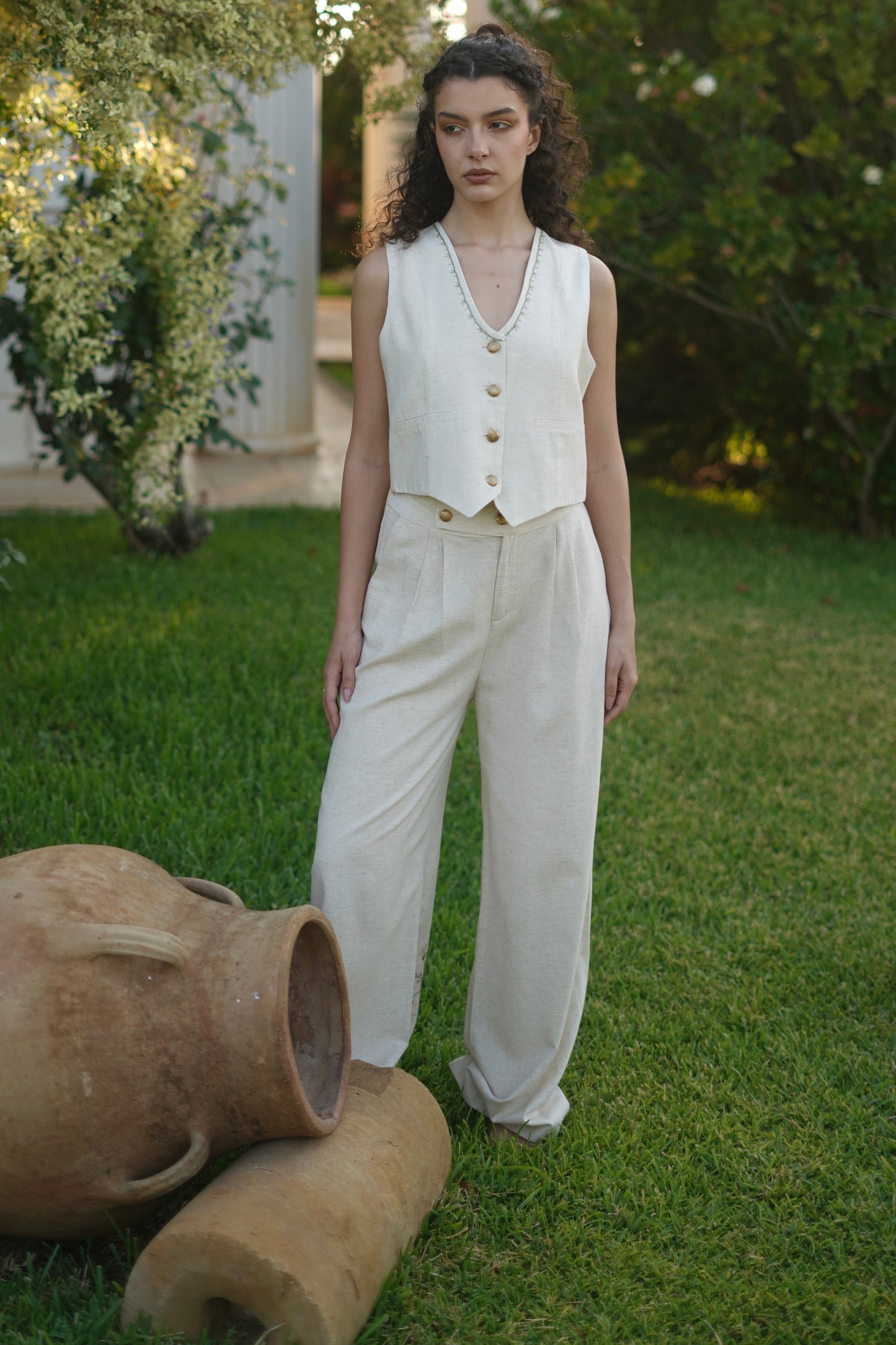 Marguerite Hand-Embroidered Pants in Beige