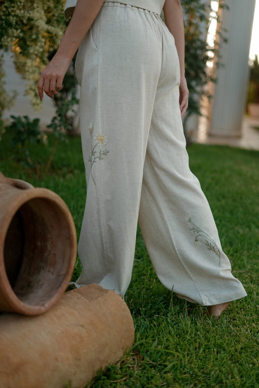 Marguerite Hand-Embroidered Pants in Beige