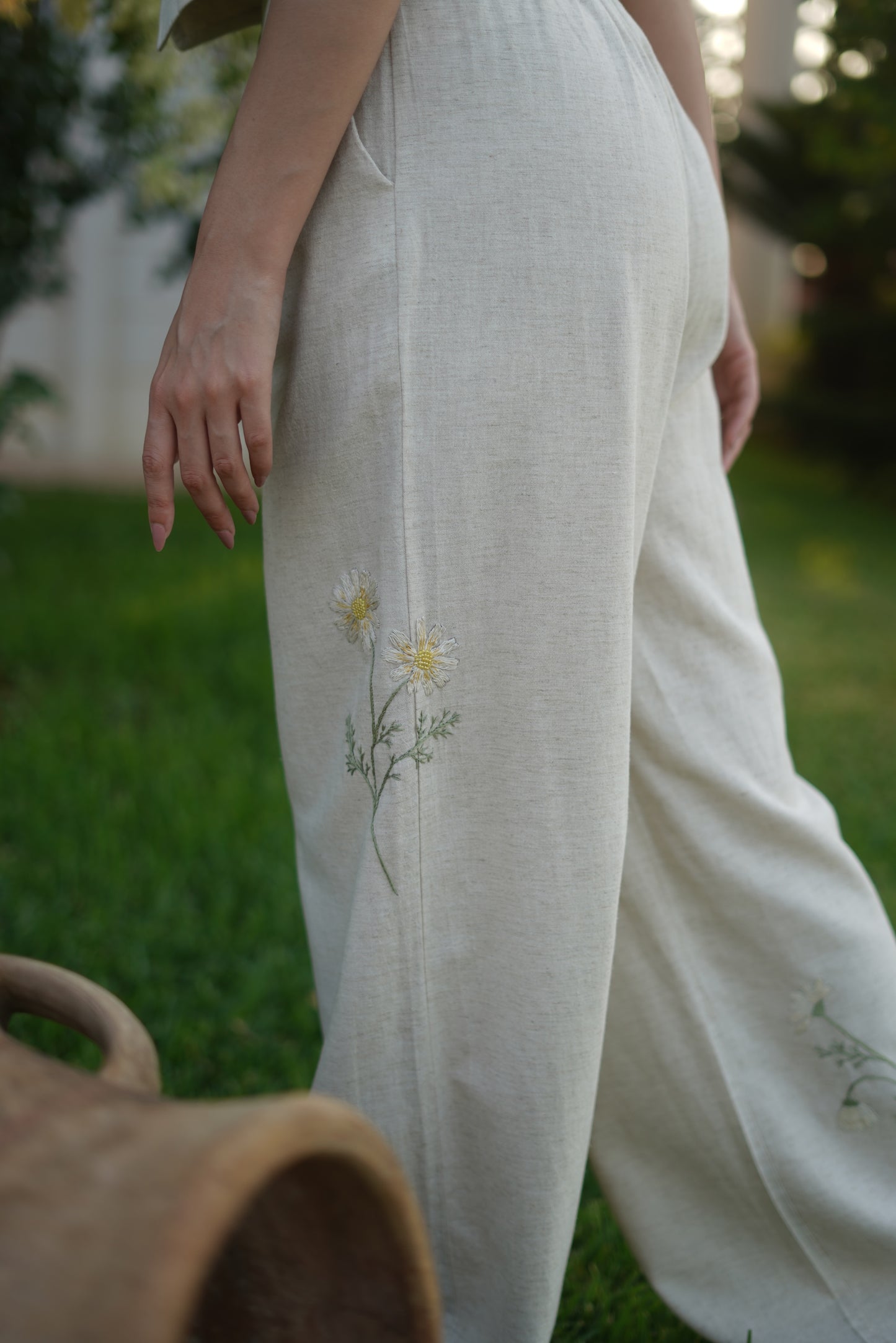 Marguerite Hand-Embroidered Pants in Beige