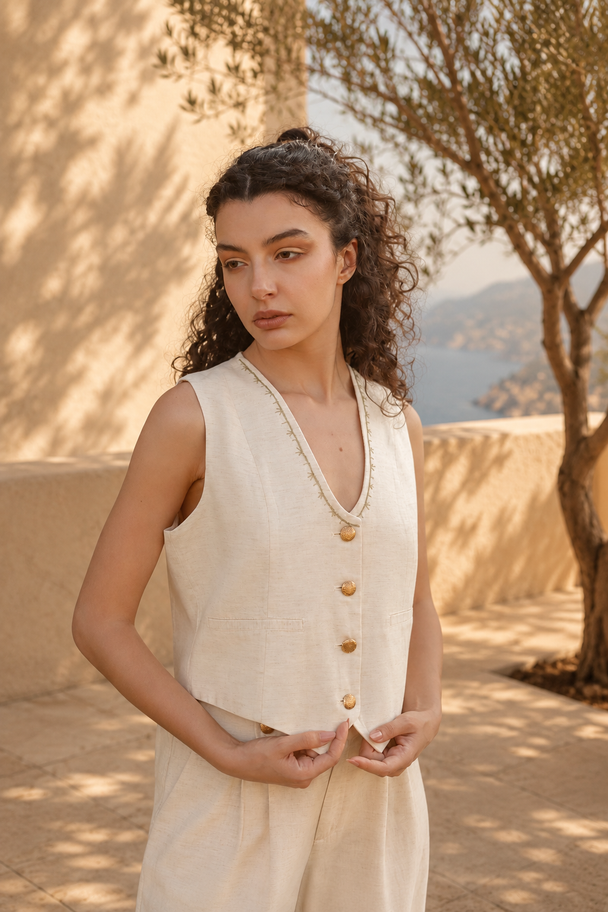 Marguerite Hand-Embroidered Vest in Beige