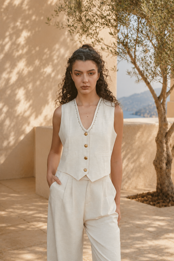Marguerite Hand-Embroidered Vest in Beige
