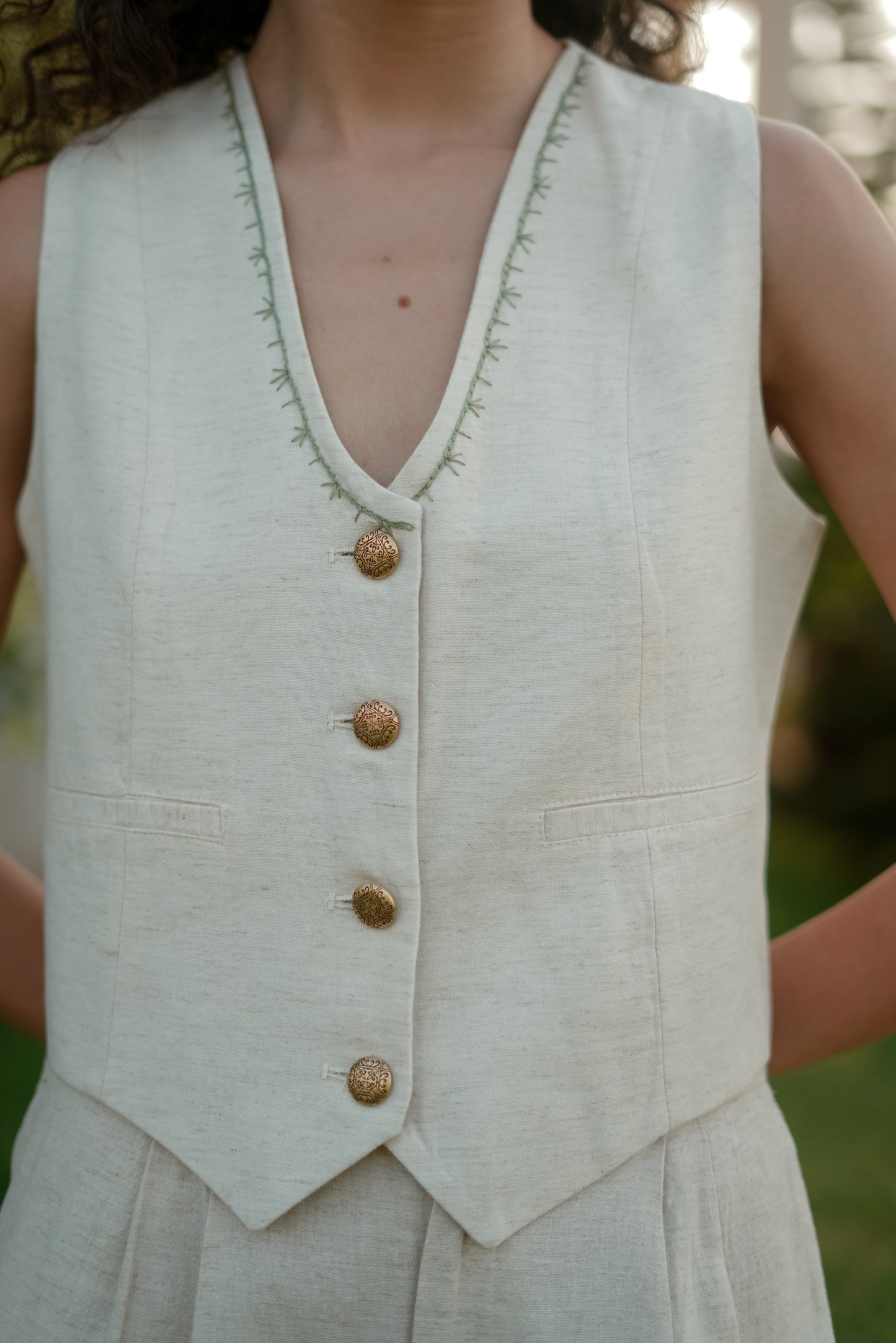 Marguerite Hand-Embroidered Vest in Beige