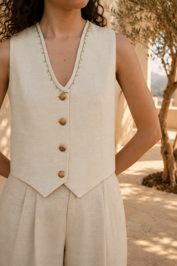 Marguerite Hand-Embroidered Vest in Beige