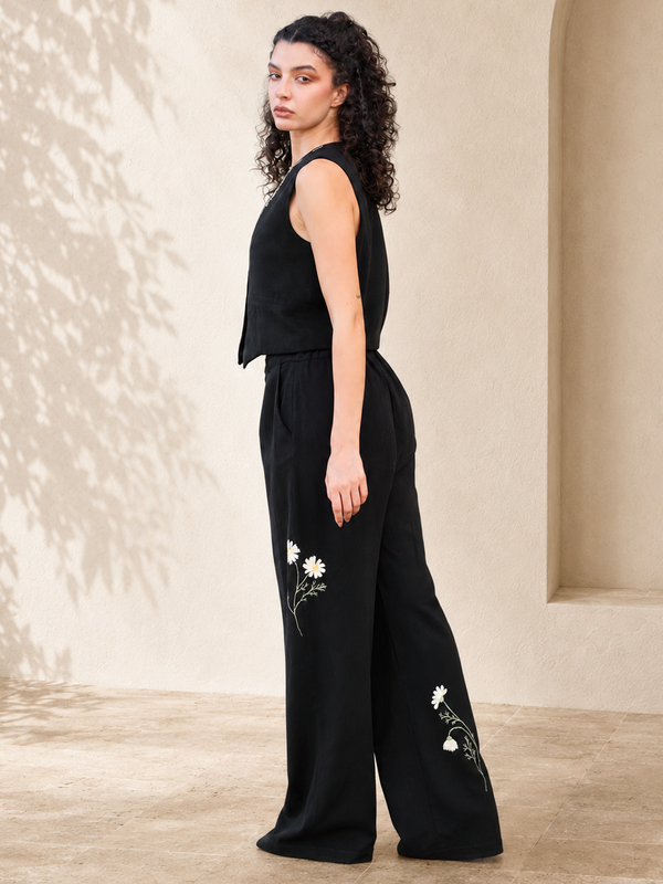Marguerite Hand-Embroidered Trousers in Black