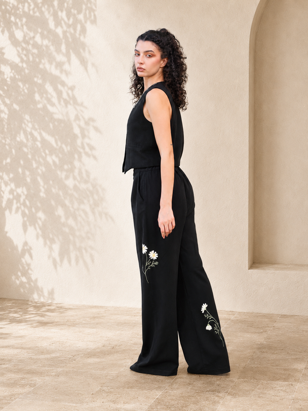 Marguerite Hand-Embroidered Pants in Black