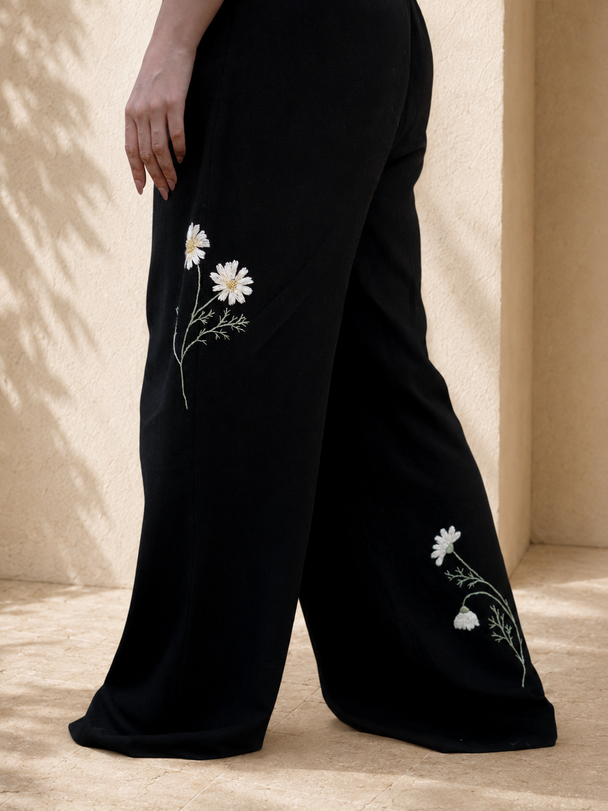Marguerite Hand-Embroidered Pants in Black