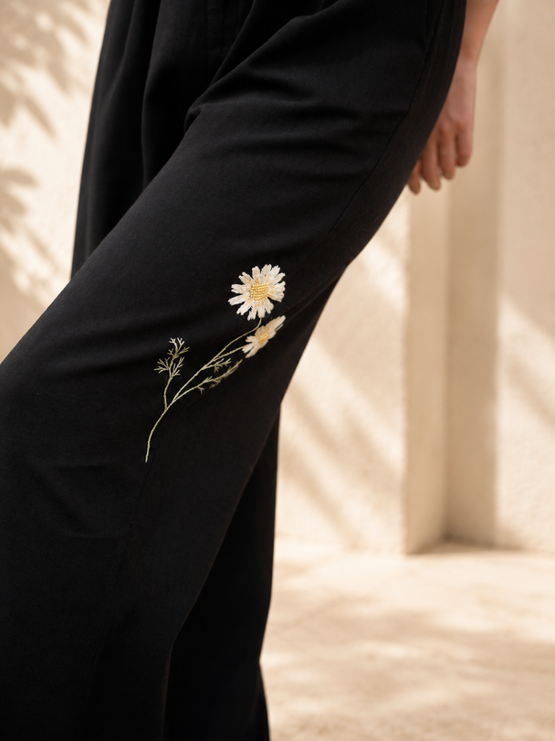 Marguerite Hand-Embroidered Pants in Black