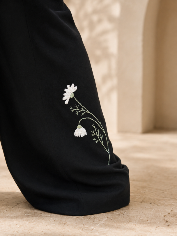 Marguerite Hand-Embroidered Pants in Black