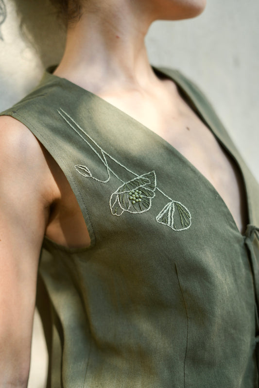 Green Poppy Hand-Embroidered Vest