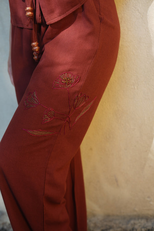 Red Poppy Hand-Embroidered Pants