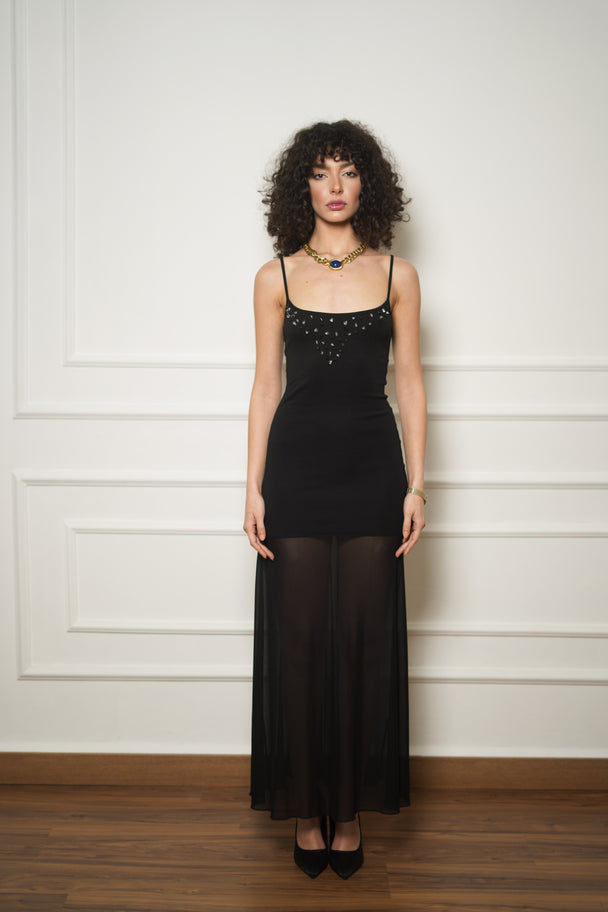 Hand-Beaded Black Natural Stone Dress