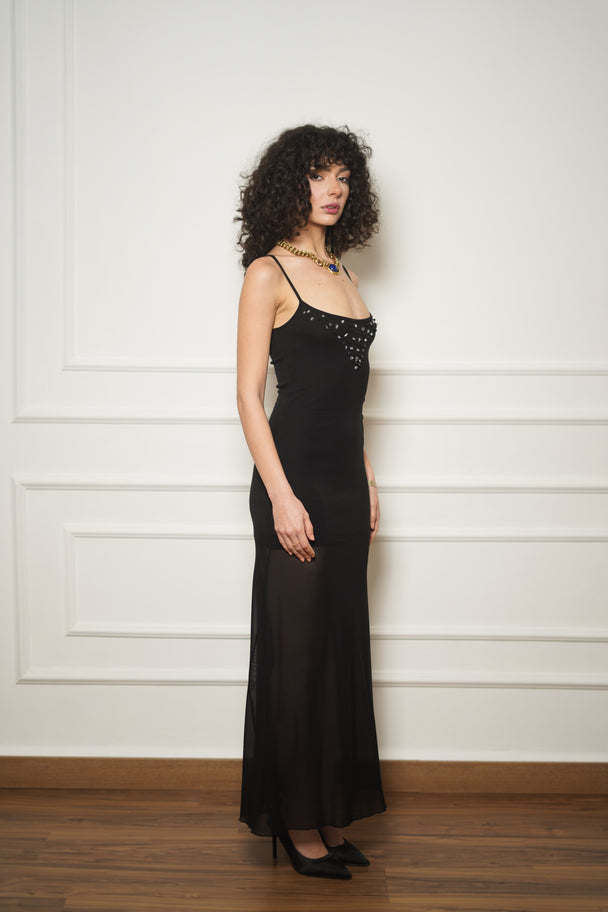 Hand-Beaded Black Natural Stone Dress