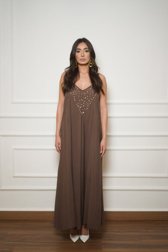 Hand-Beaded Brown Natural Stone Dress