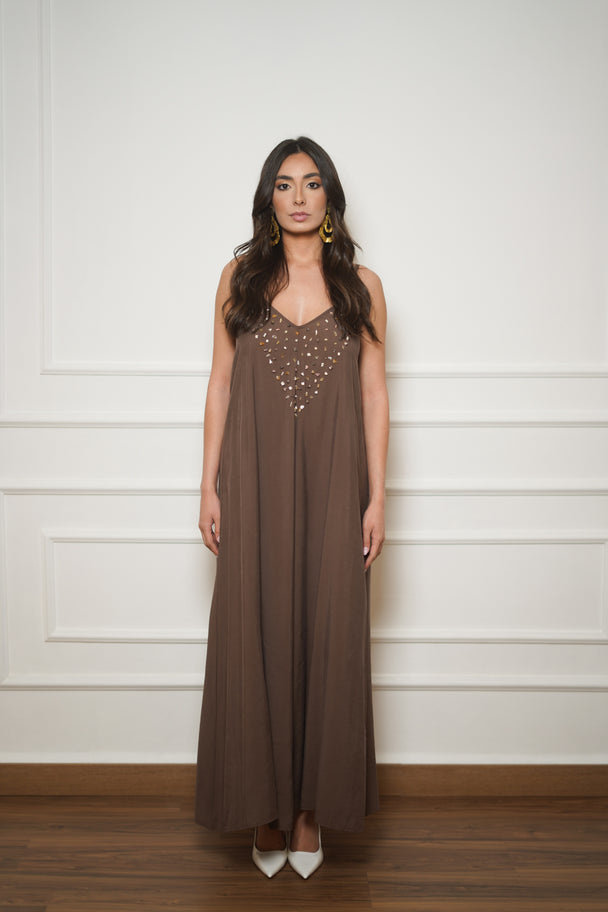 Hand-Beaded Brown Natural Stone Dress