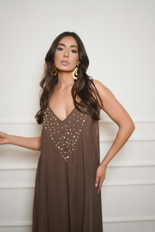 Hand-Beaded Brown Natural Stone Dress