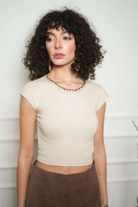 Hand-Embroidered Nude Top