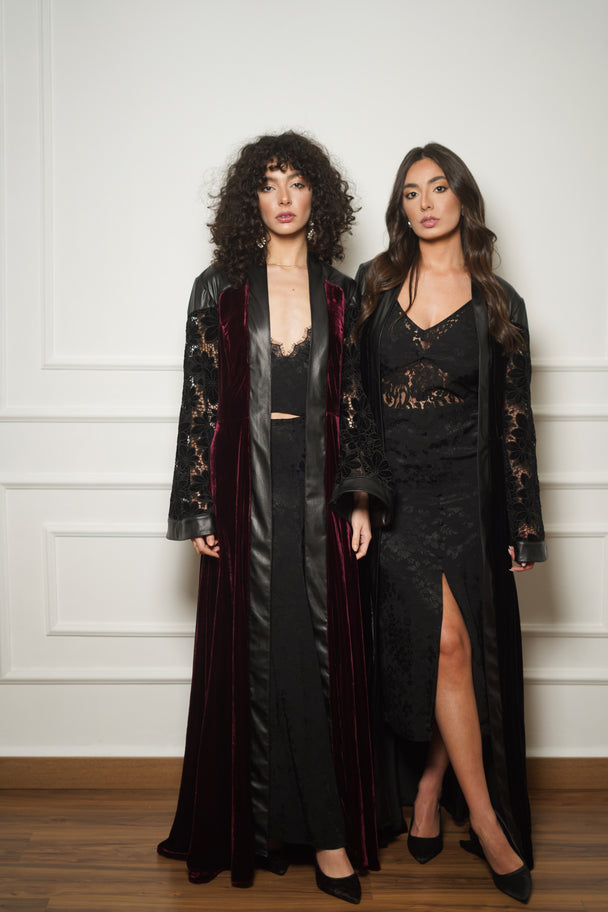 Black Velvet Leather-Trim Abaya Coat
