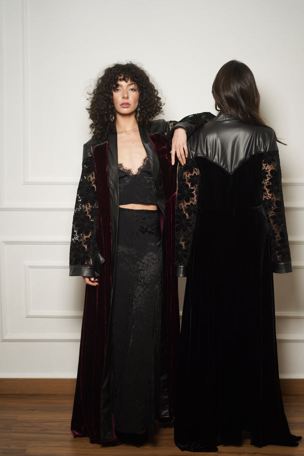 Cherry Velvet Leather-Trim Abaya Coat
