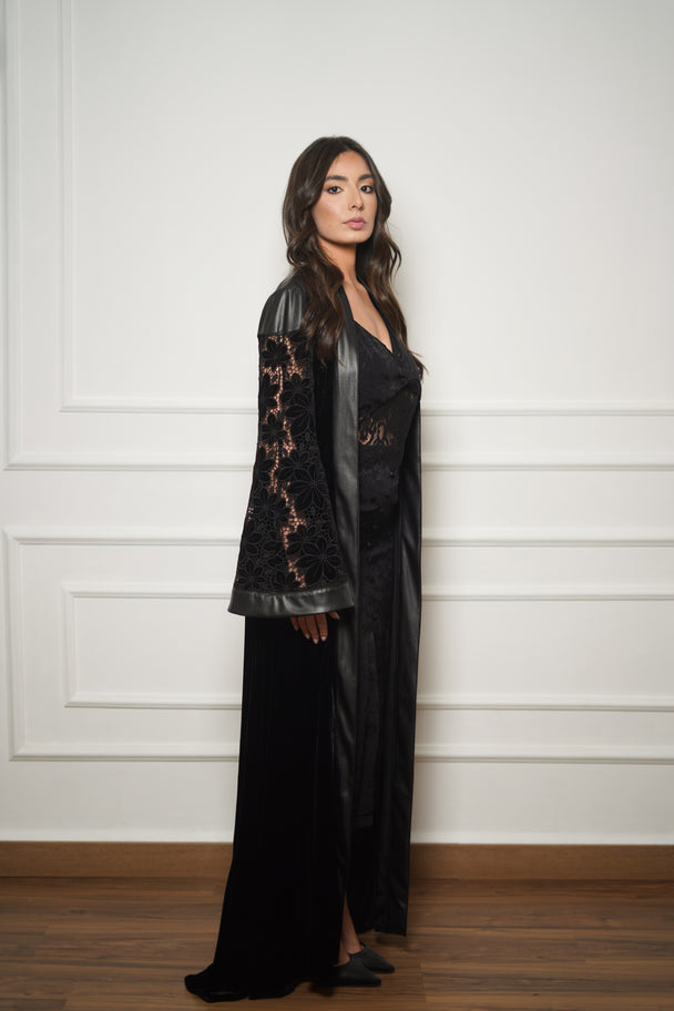 Black Velvet Leather-Trim Abaya Coat