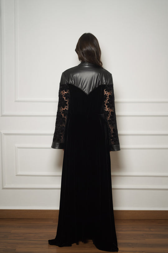 Black Velvet Leather-Trim Abaya Coat