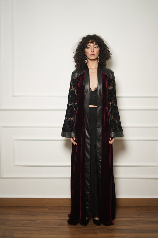 Cherry Velvet Leather-Trim Abaya Coat